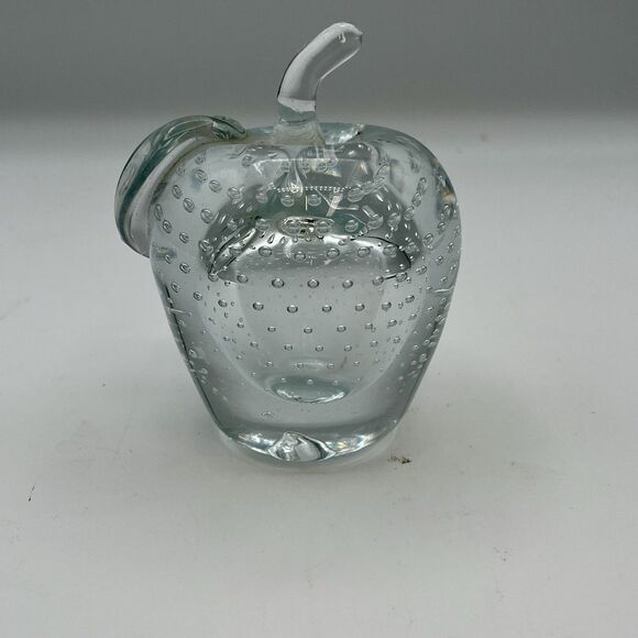 Bundle Hand Blown Clear Art Glass Apple Paperweight W/Bubbles&Etched Glass Globe - Picture 4 of 13